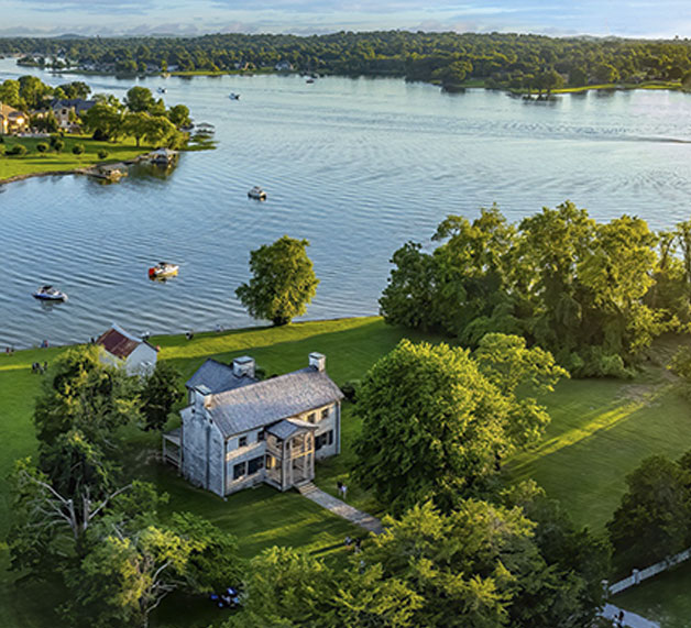 Ariel view of rock castle grounds with Old Hickory Lake in the background