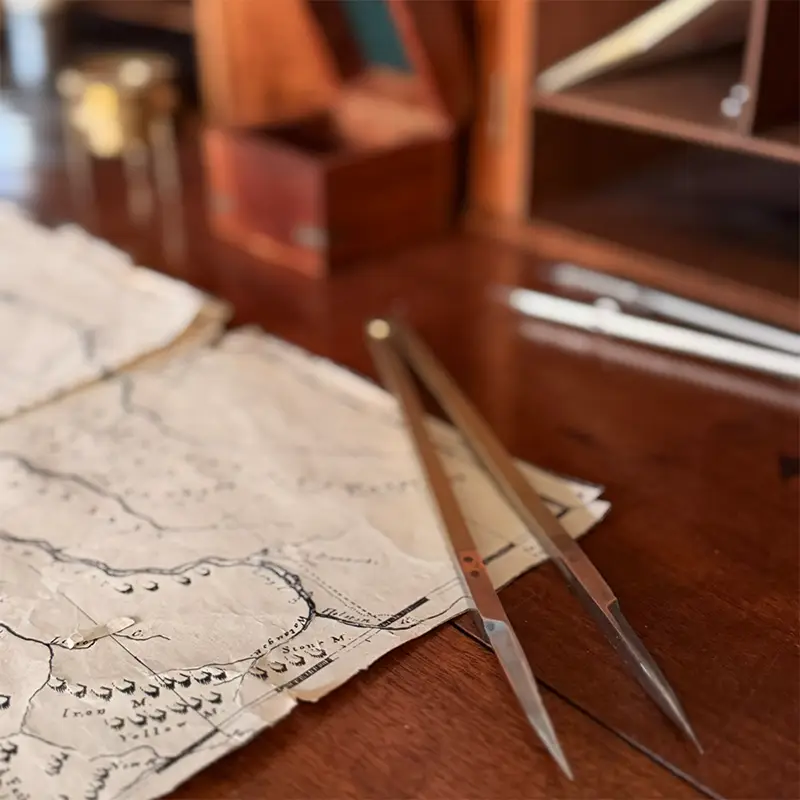 Image of Daniel Smith's desk with his surveying tools and map.