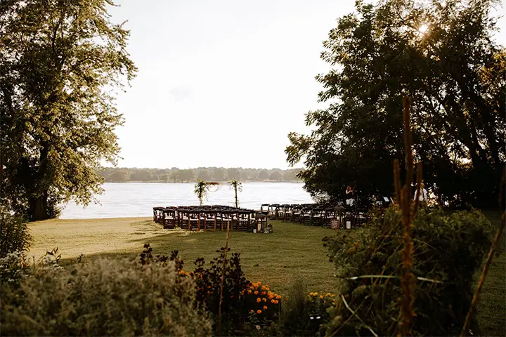 Image of a wedding ceremony staging by the lake