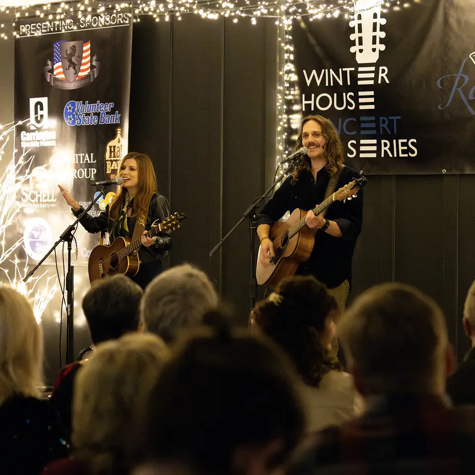 Close up stage view of a male and female artist performing during the Winter Concert Series